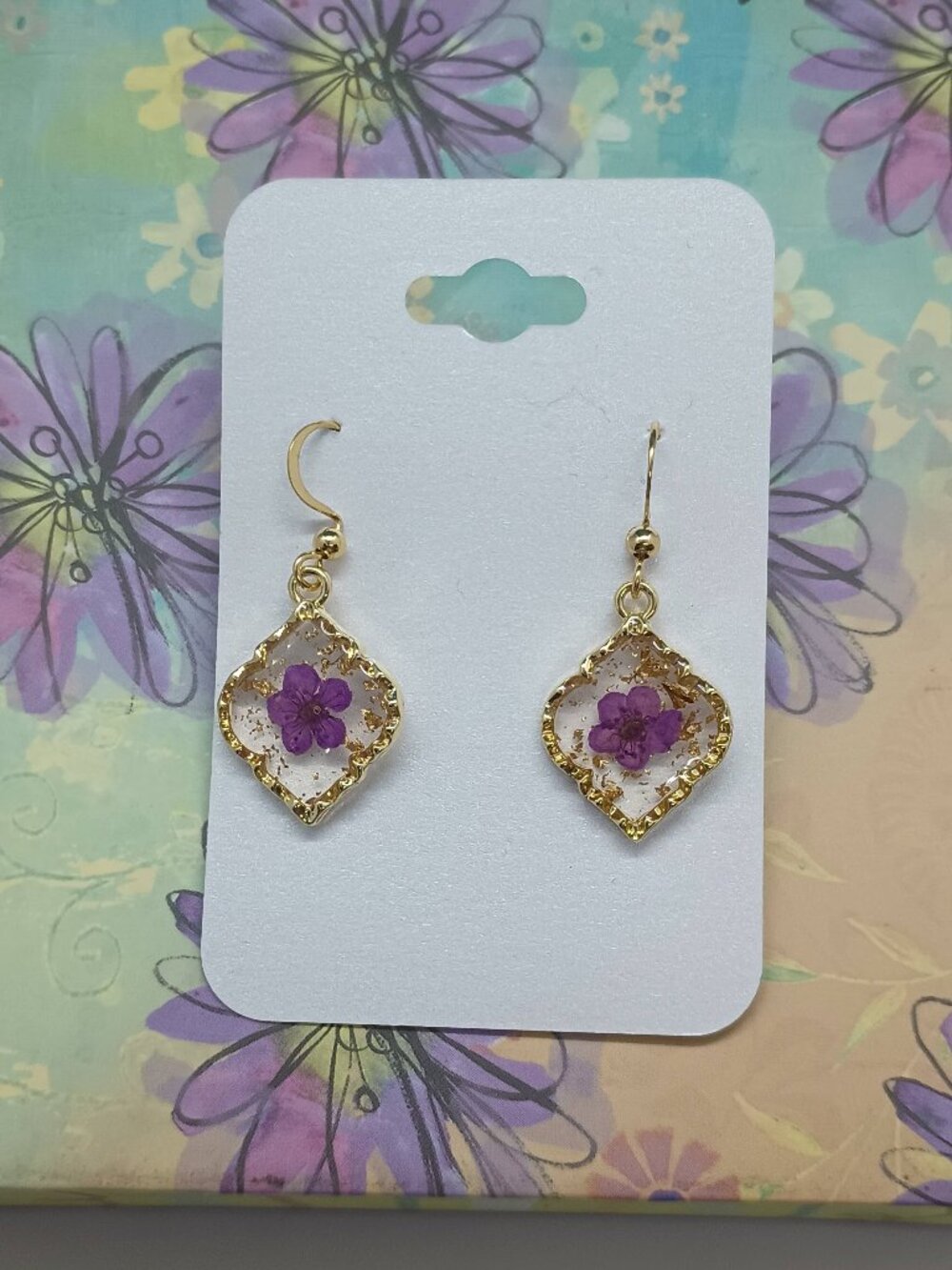 Tiny Purple Dried Flower Earrings in Resin with Gold Trim on Gold Plated Wires